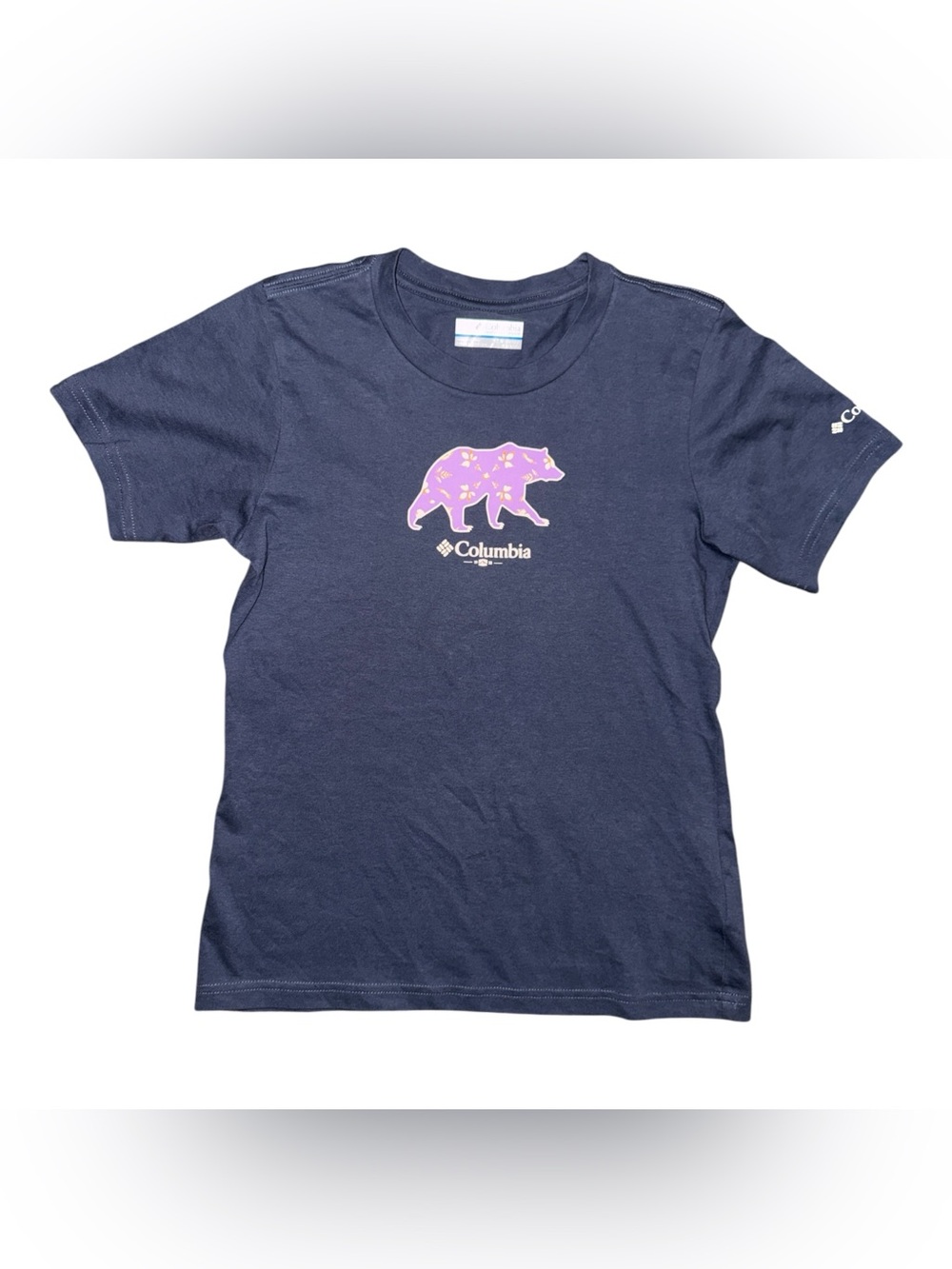 Columbia Navy Short-Sleeve Tee with Purple Bear Graphic Girls Size Medium 10/12